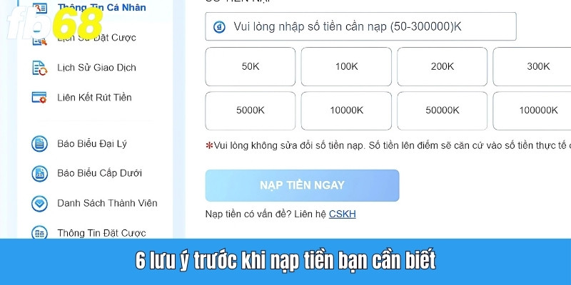 6 lưu ý trước khi thực hiện giao dịch nạp tiền Fb68